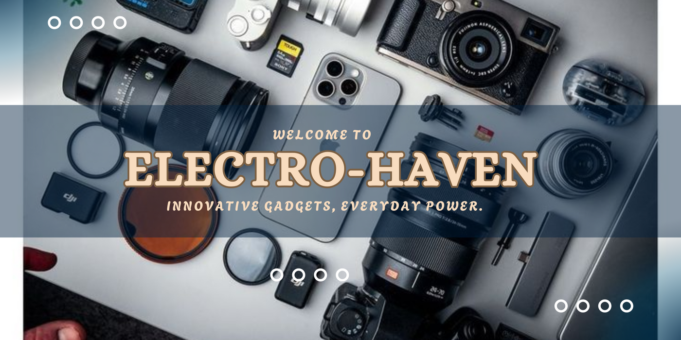 Electro-Haven banner with camera equipment and electronic gadgets on a gray background